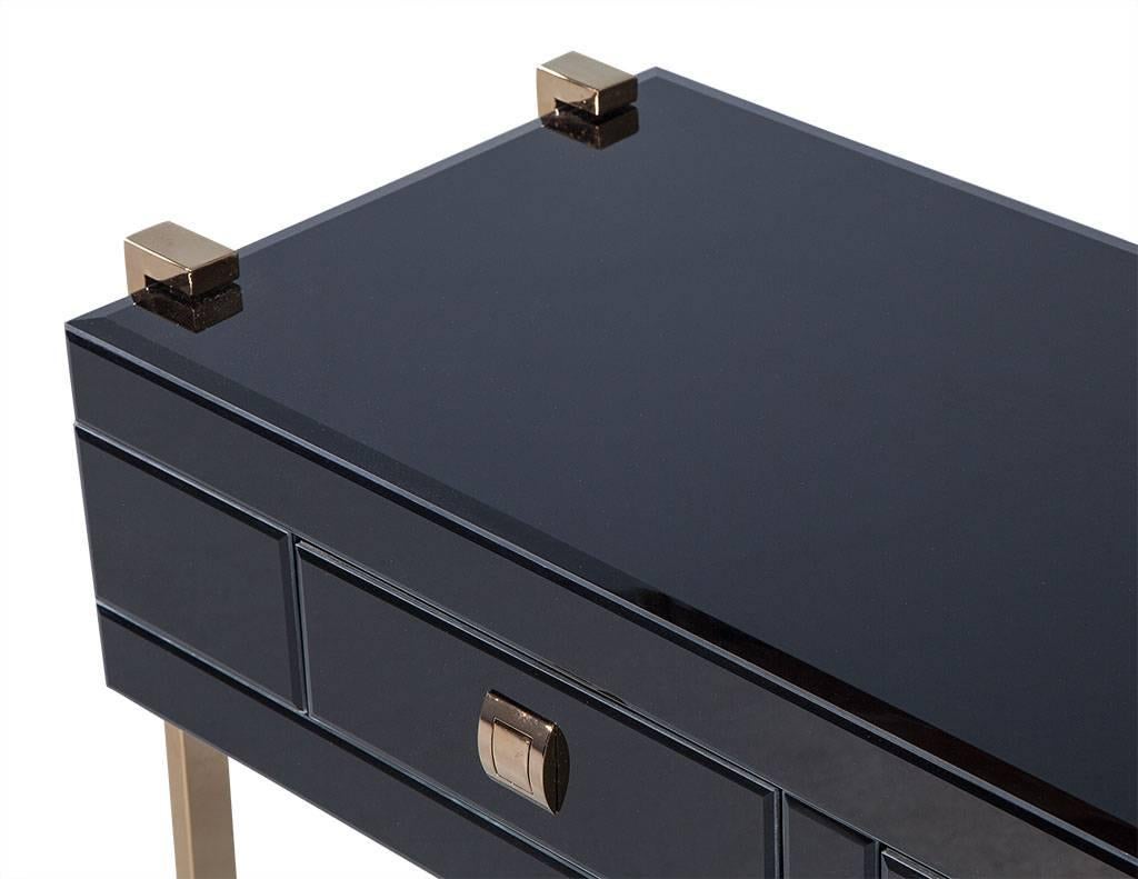 Contemporary Black Glass and Copper, Three-Drawer Console