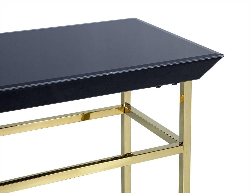 Modern Black Glass and Gold Metal Console Table