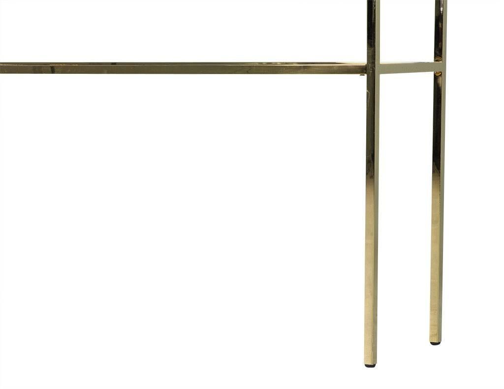 Black Glass and Gold Metal Console Table In Excellent Condition In North York, ON