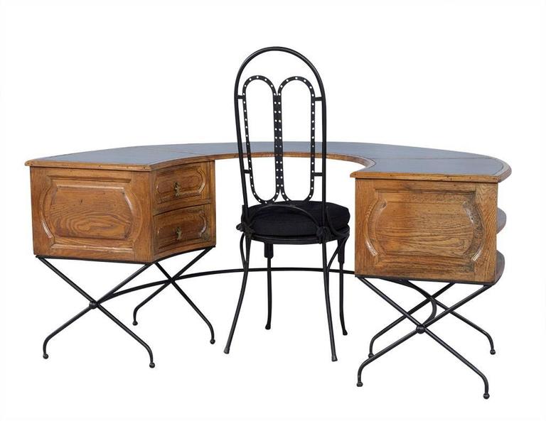 Distressed Oak Horseshoe Desk and Matching Rod Iron Chair at 1stDibs