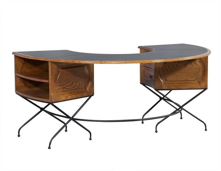 Distressed Oak Horseshoe Desk and Matching Rod Iron Chair at 1stDibs
