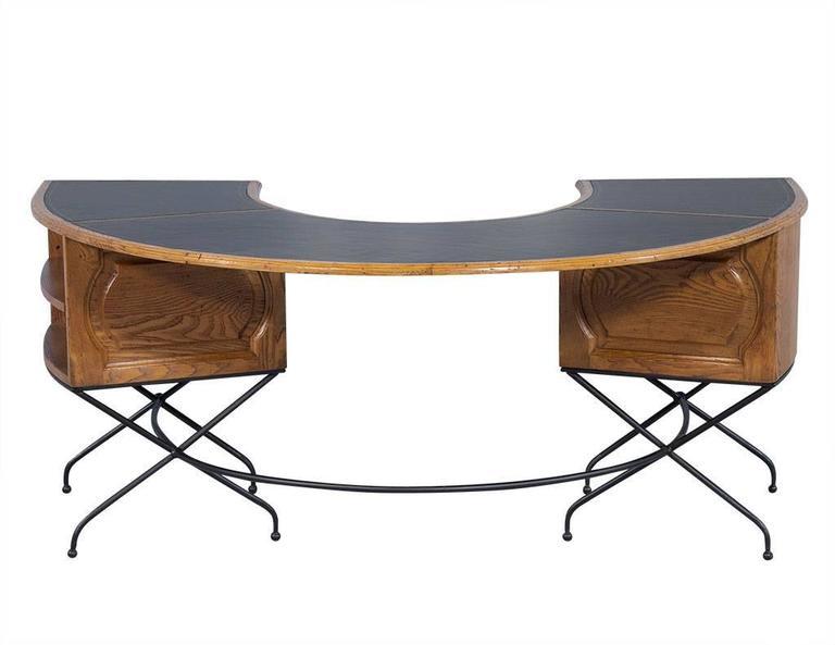 Distressed Oak Horseshoe Desk And Matching Rod Iron Chair For 20th Century Distressed Oak Horseshoe Desk And Matching Rod Iron Chair For
