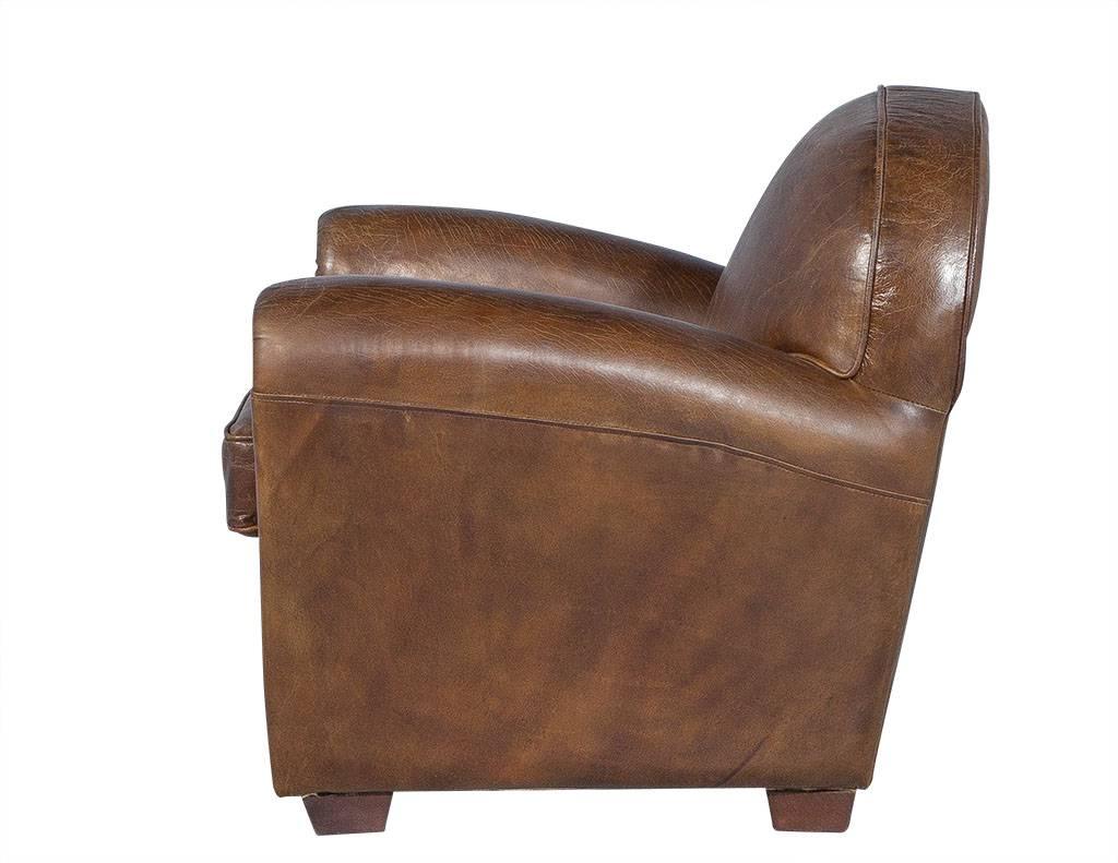 Contemporary Pair of Distressed Brown Leather Art Deco Club Chairs