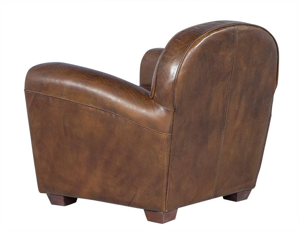 Pair of Distressed Brown Leather Art Deco Club Chairs In Excellent Condition In North York, ON