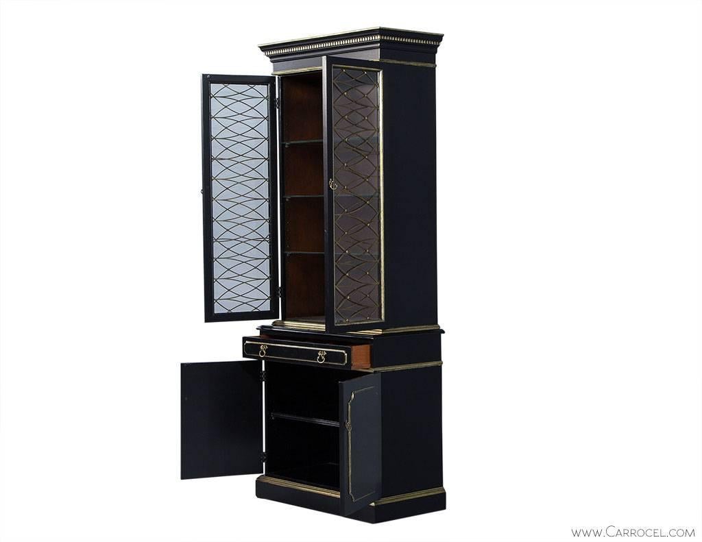 American Pair of Ebony Display Cabinets with Brass Grillwork
