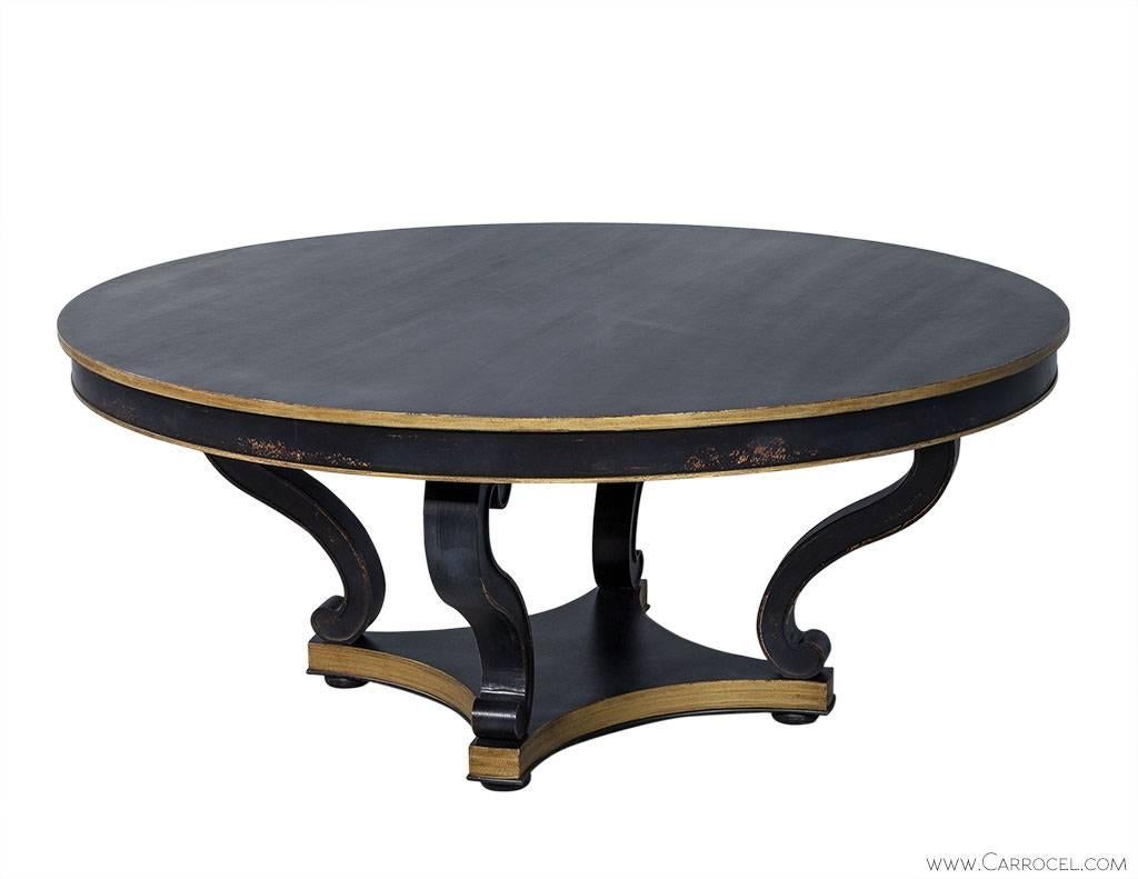 This rustic country style table is the perfect foundation for a bold dining room. The gorgeous, flat black distressed finish is the perfect neutral slate for smart pops of color. The gold gilt edges break up the finish and add more flair, while the