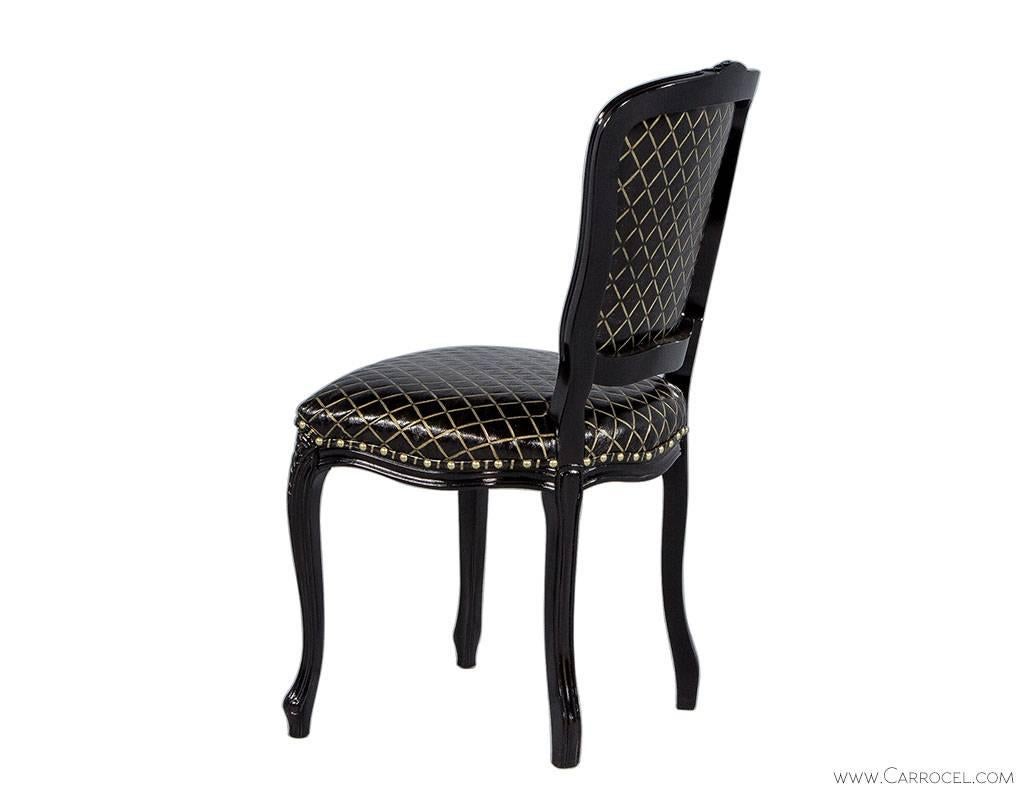Louis XV Monark Accent Chair in Embossed Black with Gold Leather