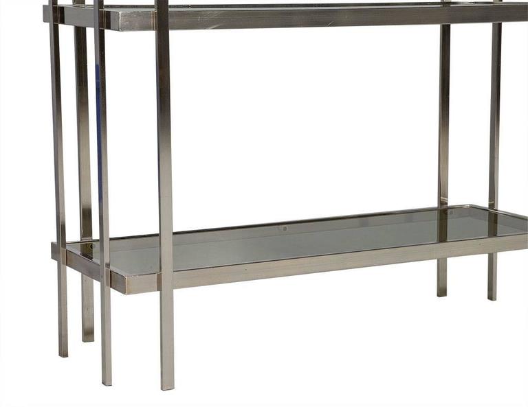 Mid Century Modern Brushed Nickel Etagere With Smoked Glass