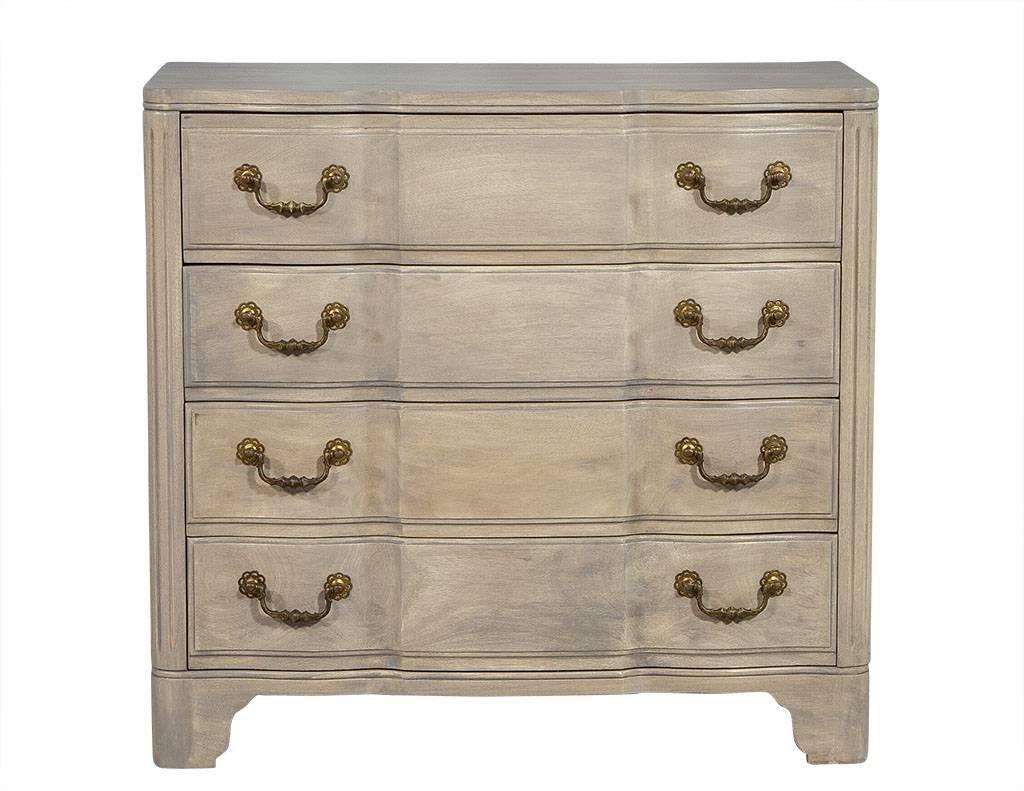 These gorgeous, serpentine front chests were recently given a makeover! The mahogany exterior was bleached, grey washed and coated in a fresh satin lacquer, while still staying true to the Georgian style. Each chest is divided into four drawers and