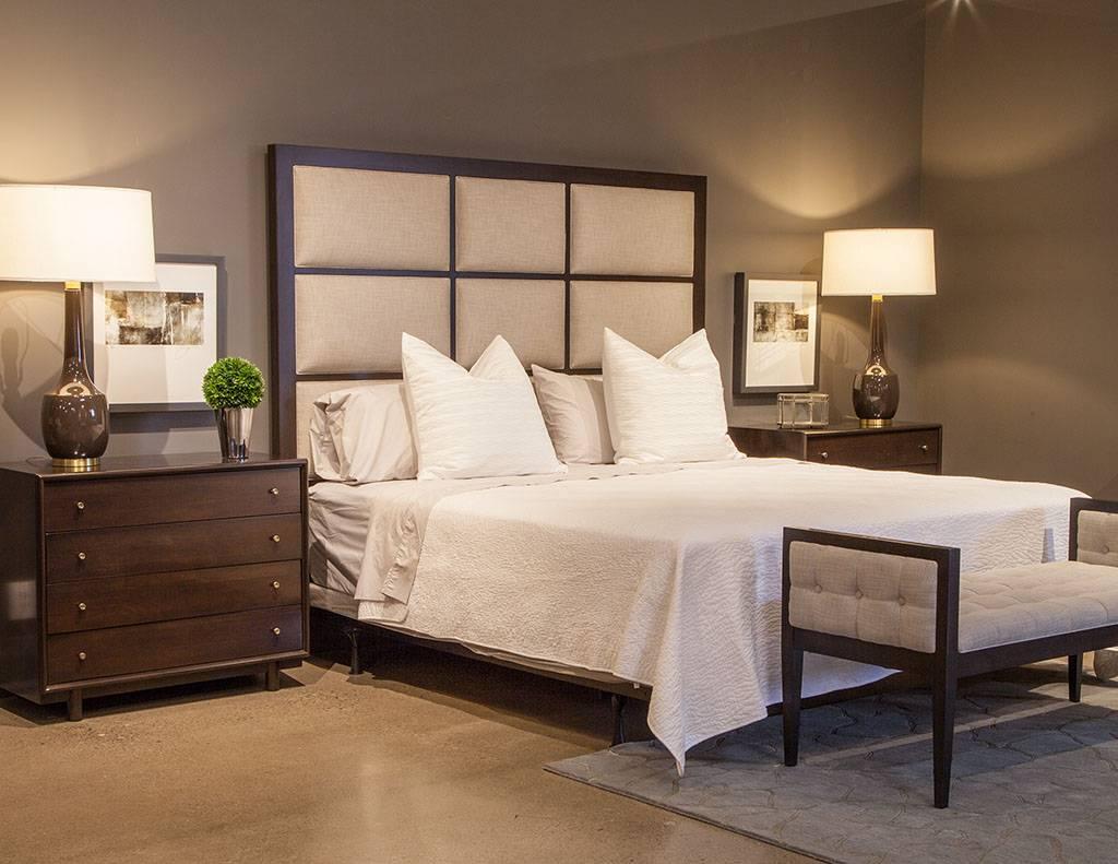 Stunning transitional walnut custom upholstered paneled headboard. Contemporary and sleek design with custom Carrocel finish in Espresso and nine inset upholstered panels. Available in king and queen size. Take this look and make it your own. This