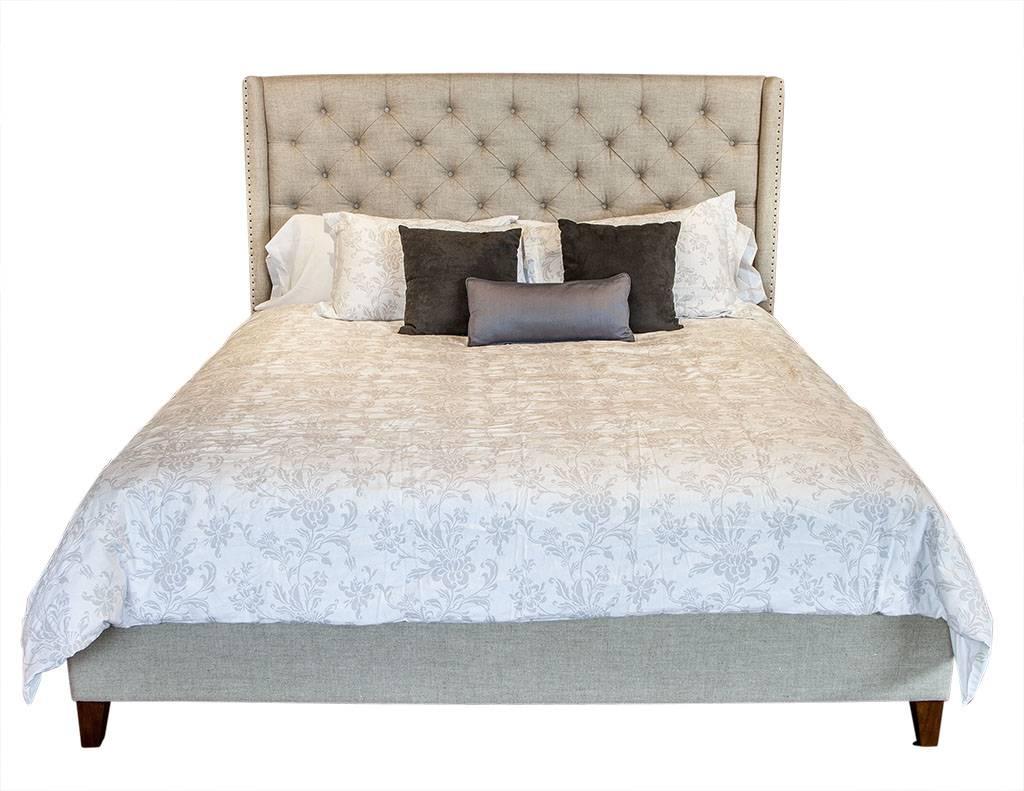 Bay Belgian Linen Tufted King Bed In Excellent Condition In North York, ON