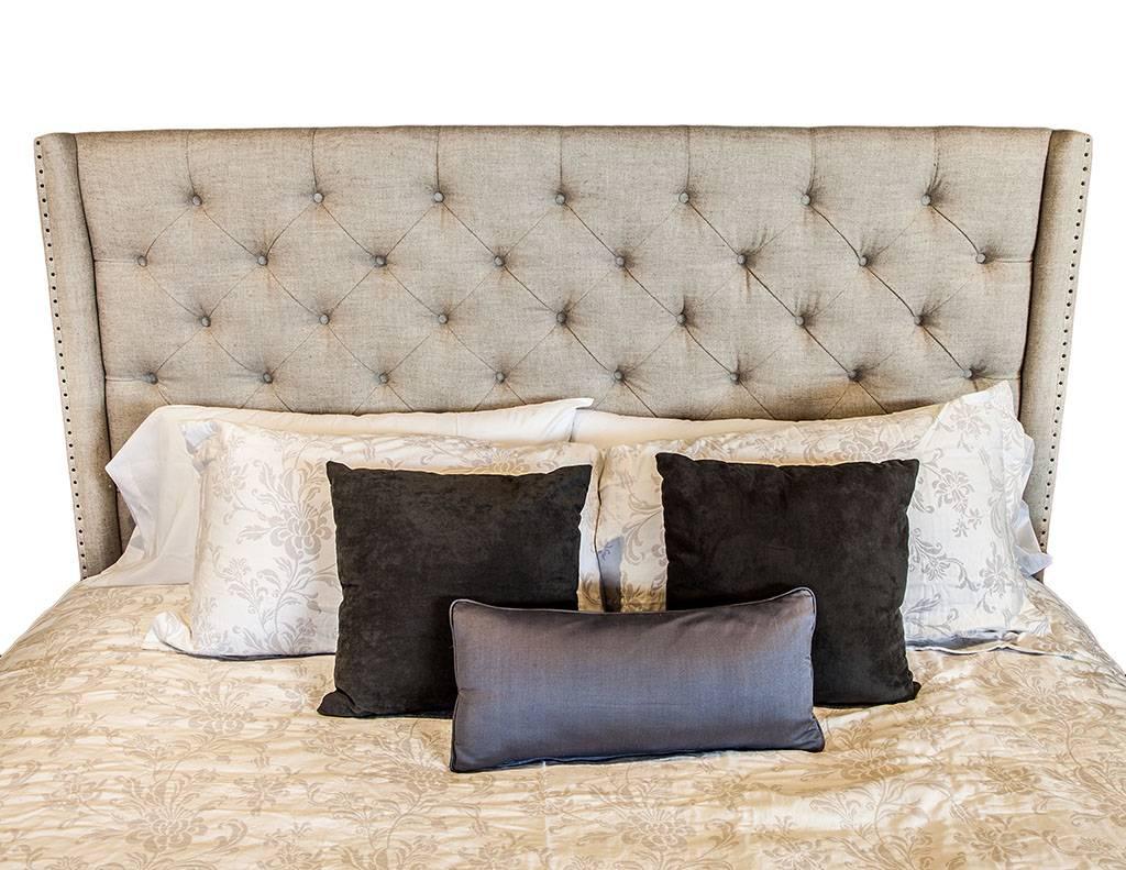 Contemporary Bay Belgian Linen Tufted King Bed