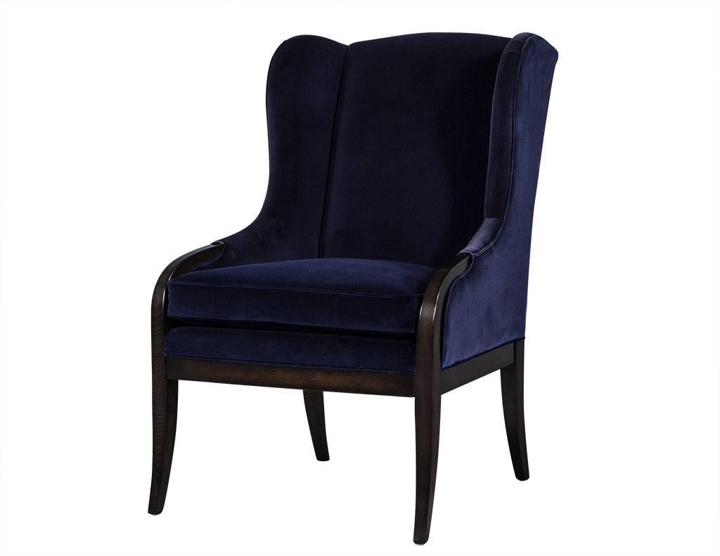 Pair of Blue Velvet Wing Chairs by Carrocel In Excellent Condition In North York, ON