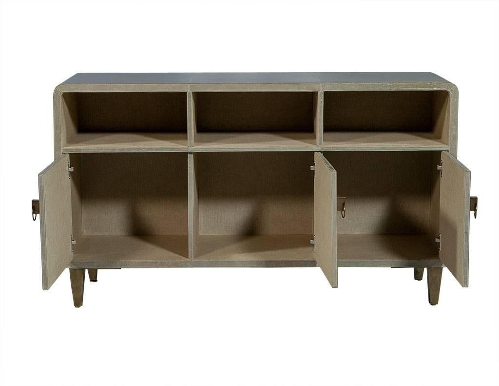 Mid-Century Modern Pale Sage Distressed Faux Leather Covered Sideboard