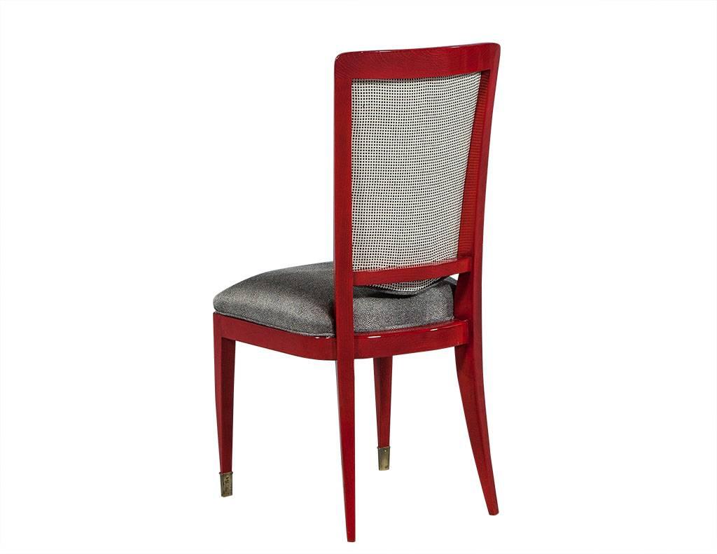 Set of Six Restored Red Deco Lacquered Dining Chairs In Excellent Condition In North York, ON