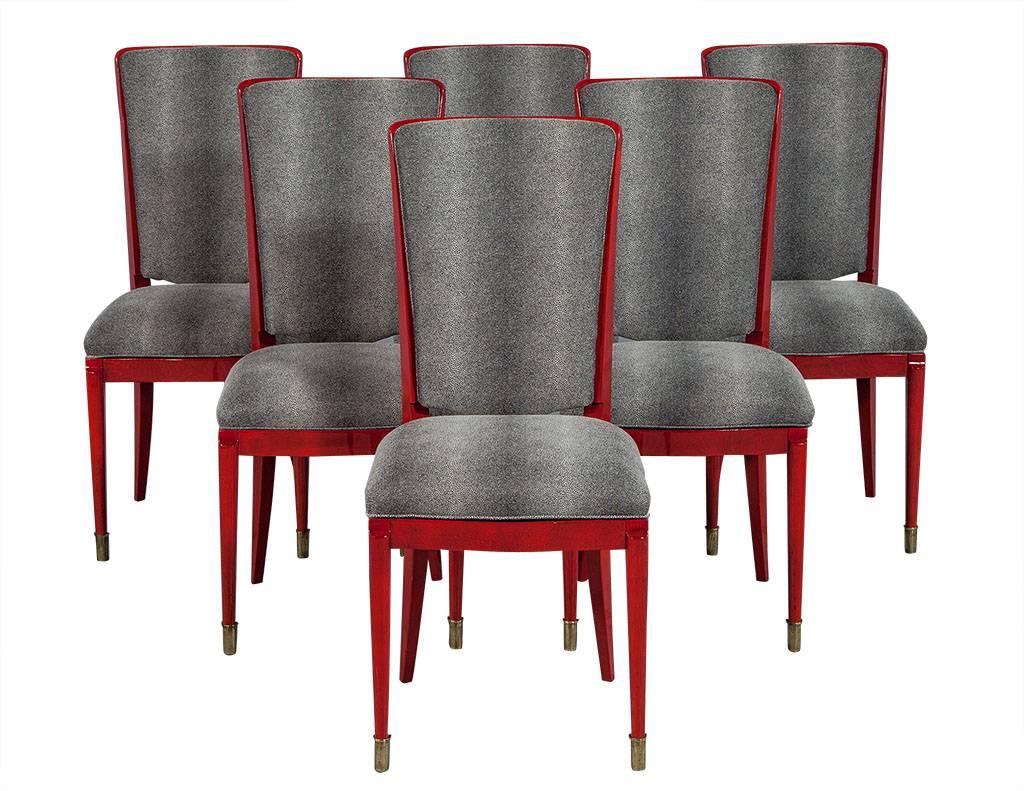 Set of Six Restored Red Deco Lacquered Dining Chairs