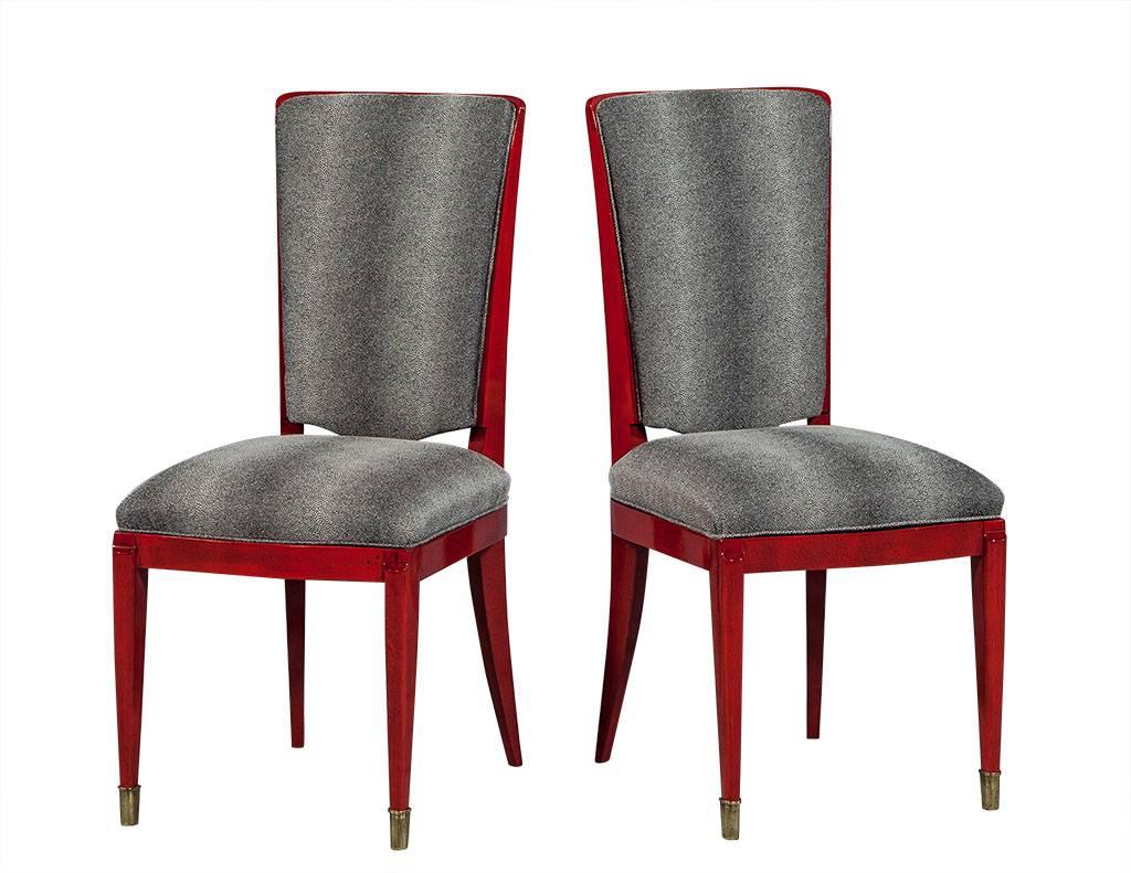 These Art Deco dining chairs are simply outstanding. They are upholstered with shagreen inspired black and white fabric on the seat and inside back and thick chequered black and white fabric on the outside back. The frame is vintage Art Deco style