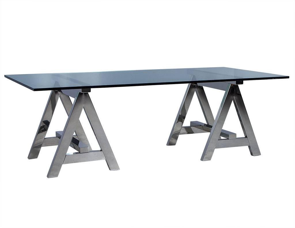 Modern Sawhorse Glass and Stainless Steel Dining Table