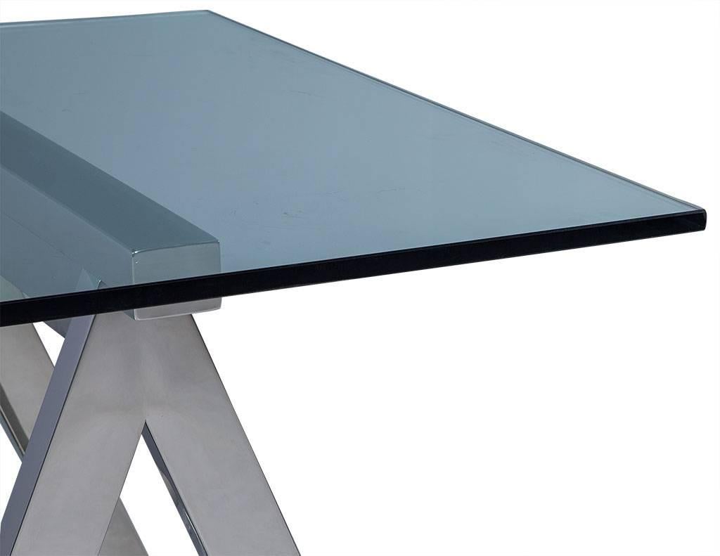 American Sawhorse Glass and Stainless Steel Dining Table