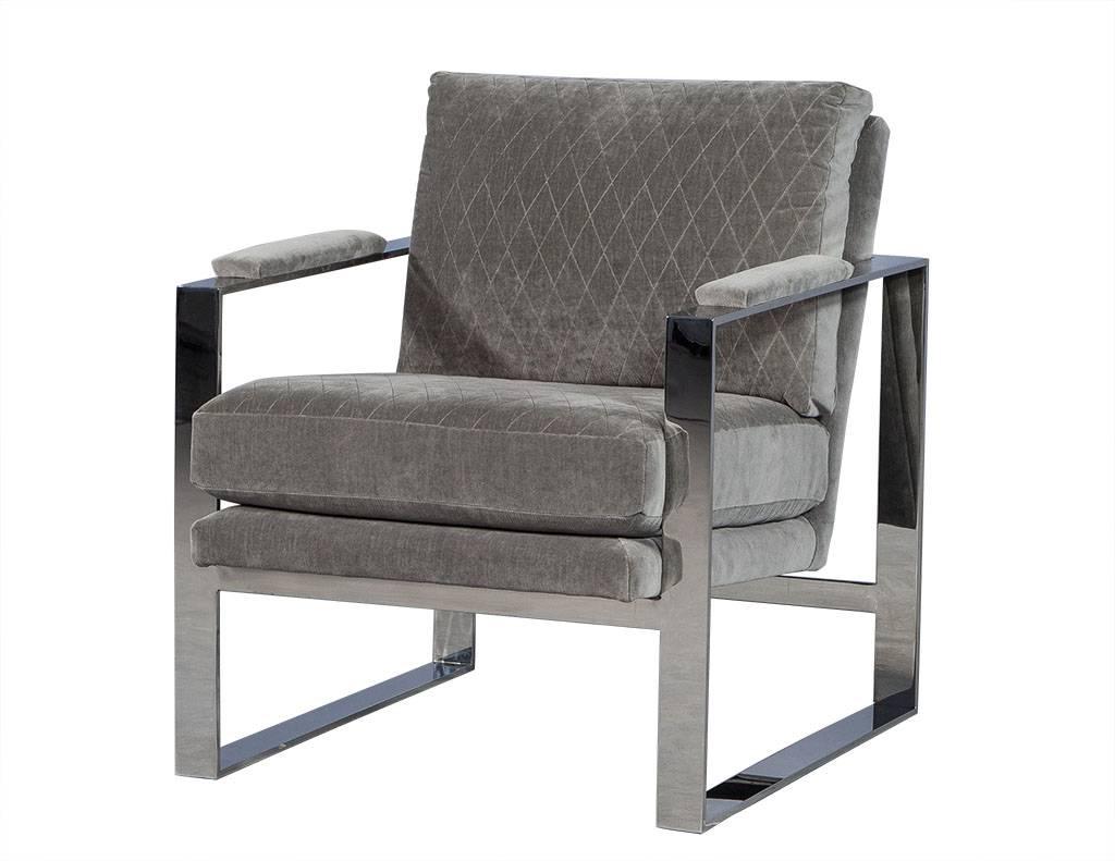 Mid-Century Modern Grey Velvet and Stainless Steel Lounge Chair