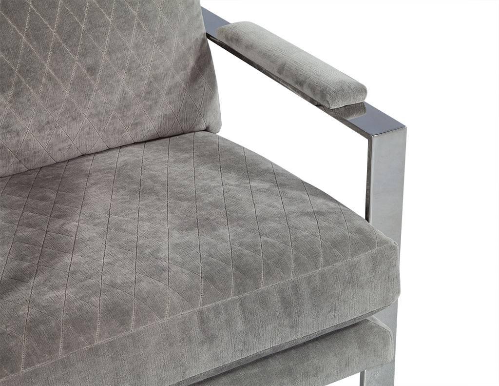 Contemporary Grey Velvet and Stainless Steel Lounge Chair