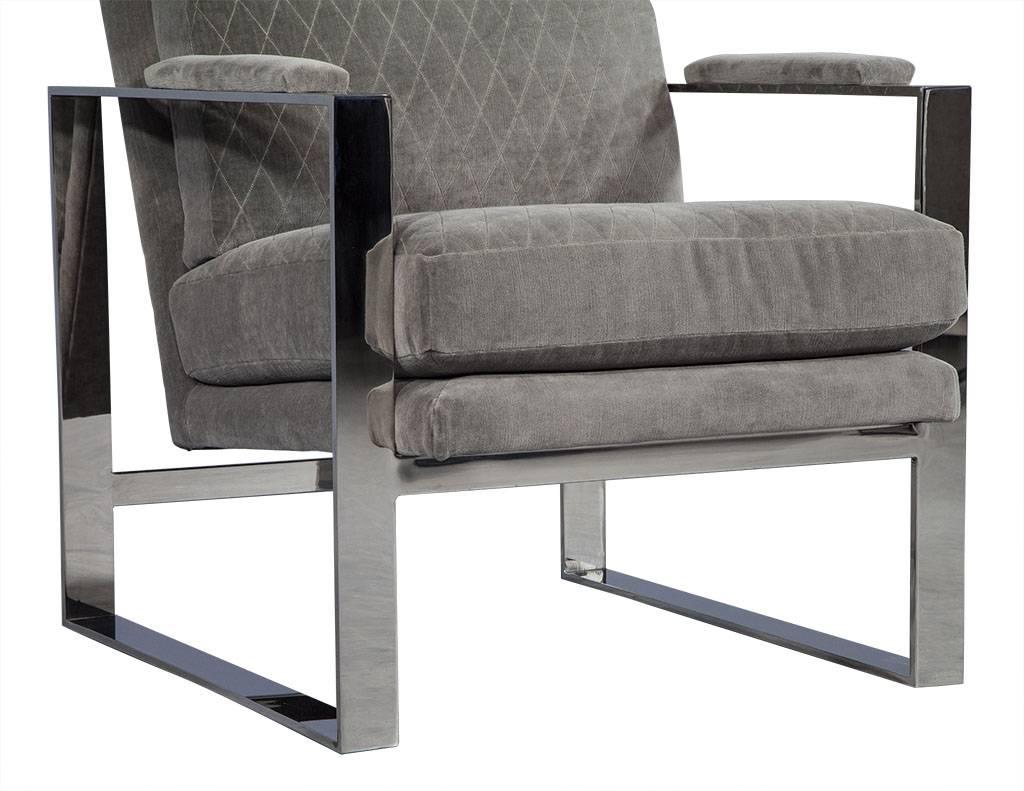 Grey Velvet and Stainless Steel Lounge Chair 2