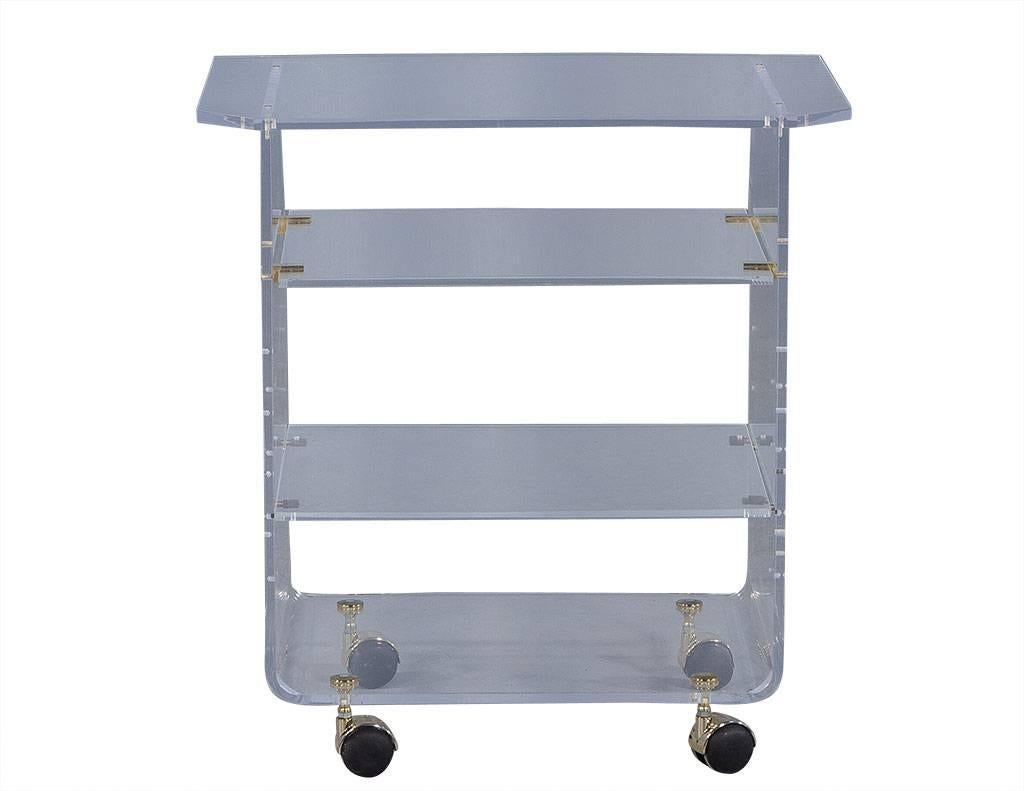 This charming Lucite cart sits on four casters with brass hardware and features one shelf that is adjustable to various heights as well as removable top shelf. Great for makeup storage.