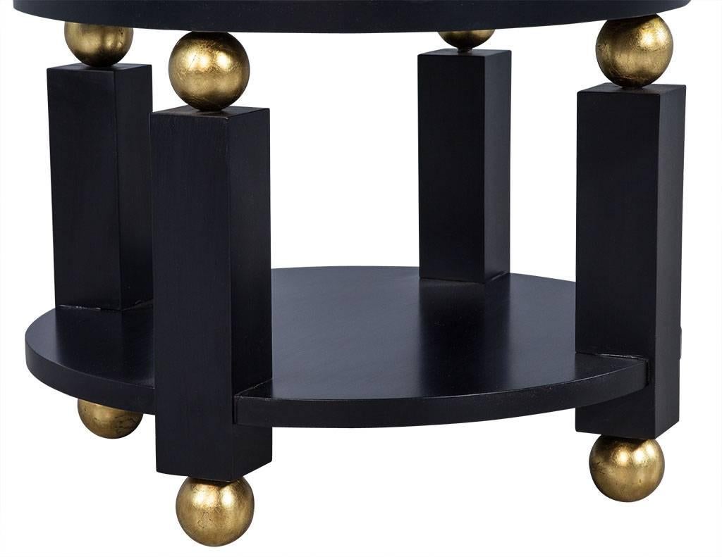 French Round Art Deco Black and Gold End Table
