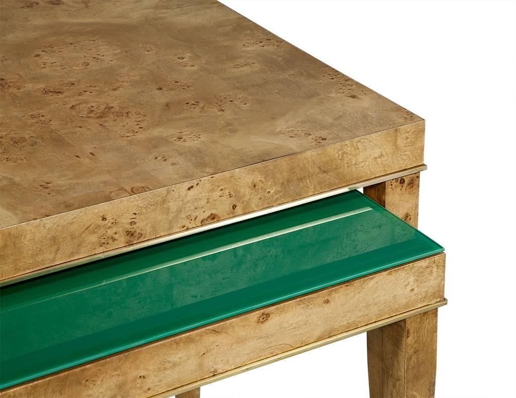Burled Wood and Green Glass Nesting Tables In Excellent Condition In North York, ON