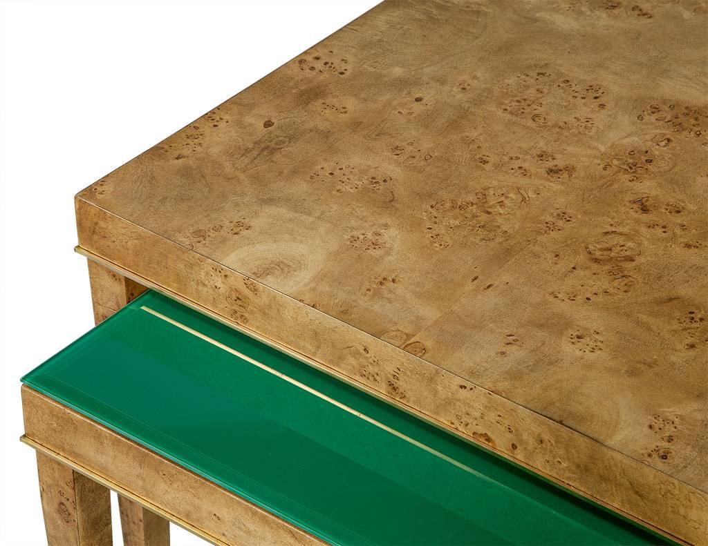 Brass Burled Wood and Green Glass Nesting Tables