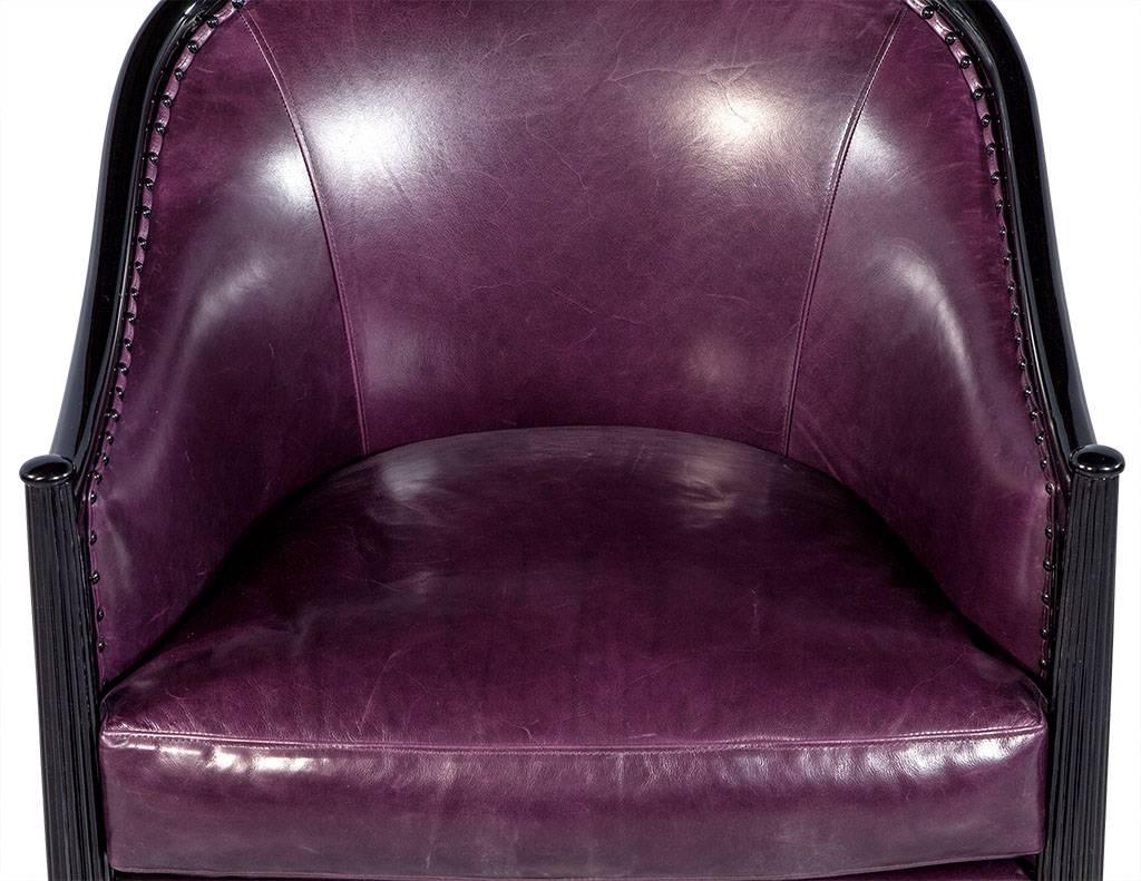 Canadian Pair of Art Deco Lounge Chairs in Dark Purple Leather