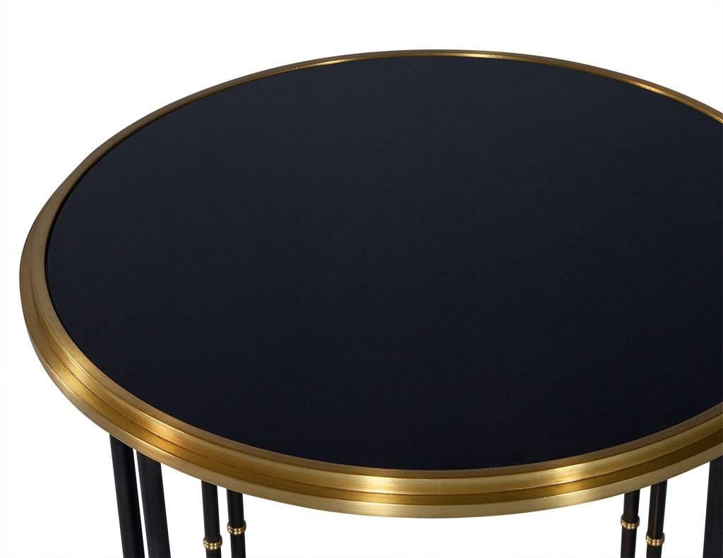 Modern Black Round End Table with Brass Accents
