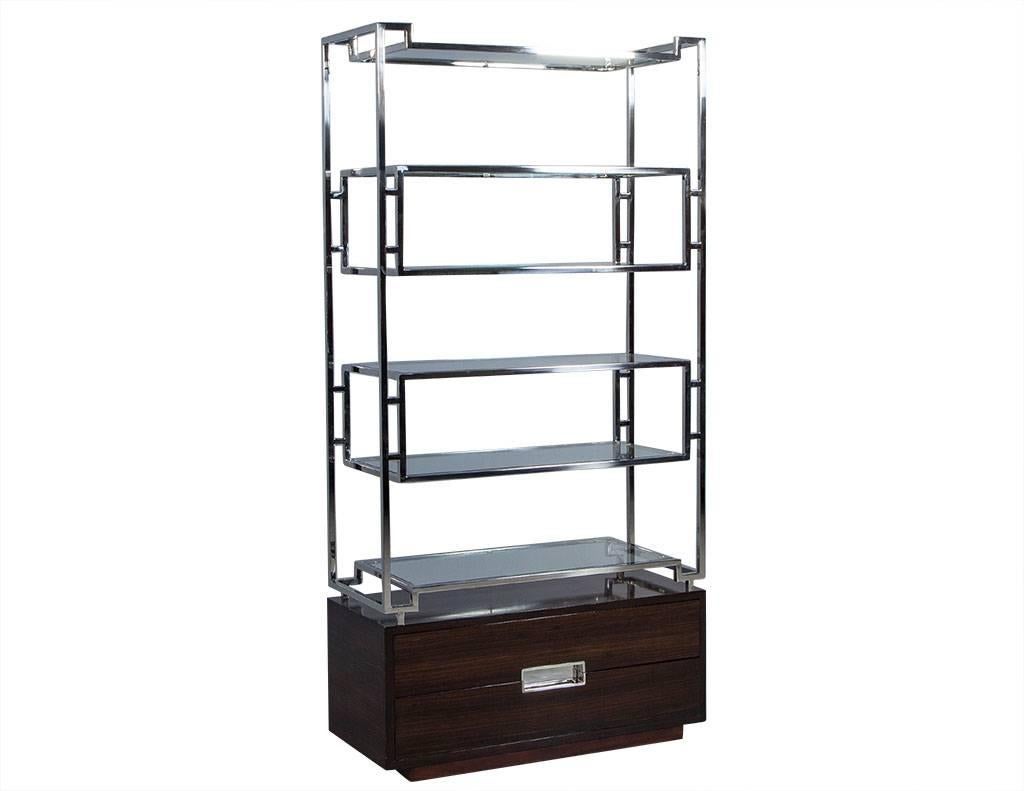 Modern Geometric Stainless Steel Etagere with Macassar Base