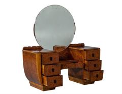 Burled Wood Art Deco Vanity with Round Mirror