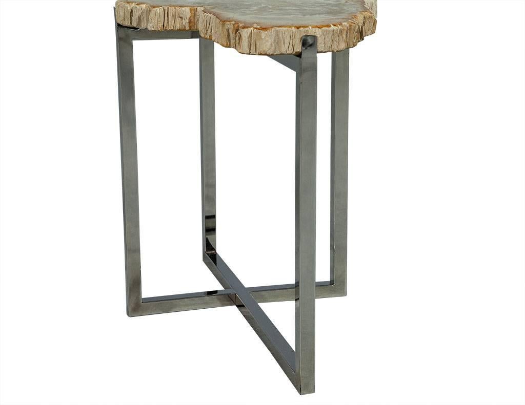 Chrome Pair of Petrified Wood Accent Tables