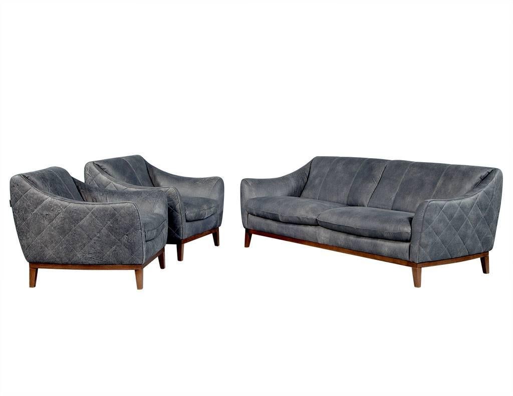 Mid-Century Modern Quilted Distressed Leather Sofa in Grey