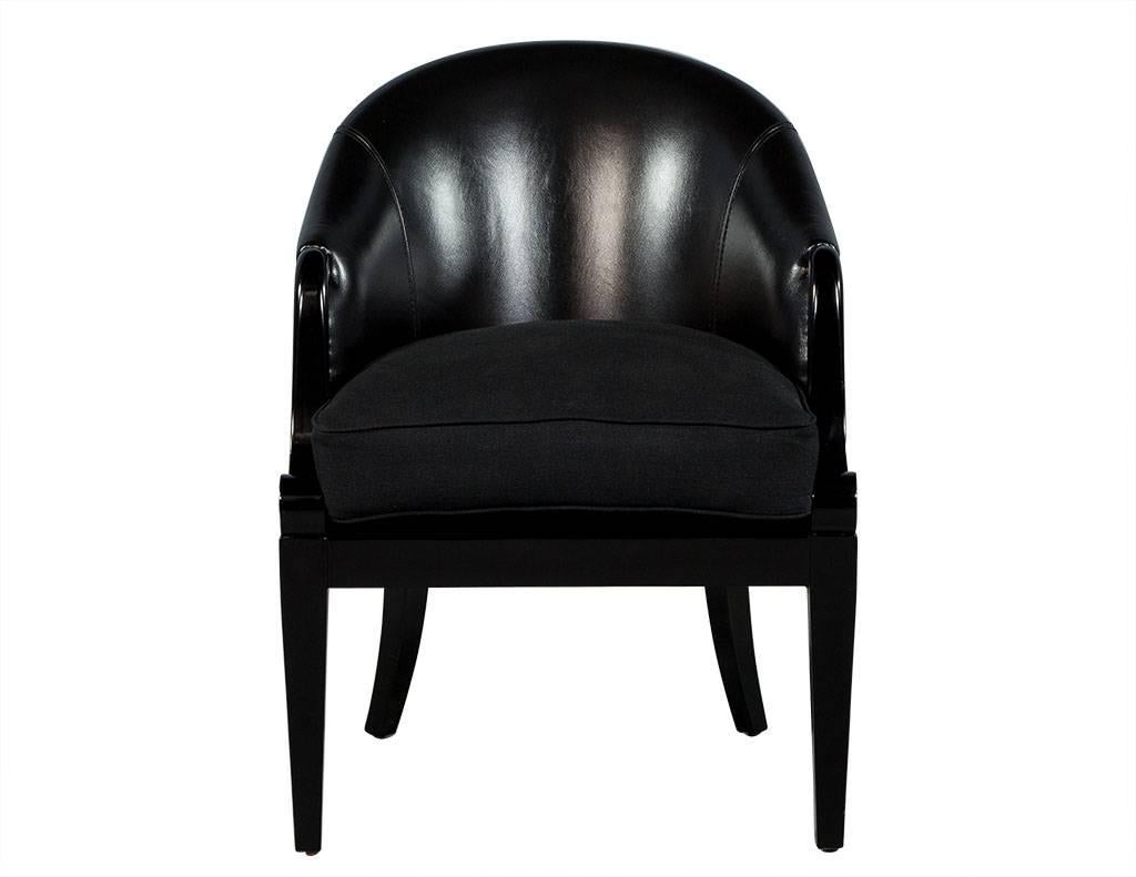 Modern Pair of Black Leather Curved Back Club Chairs