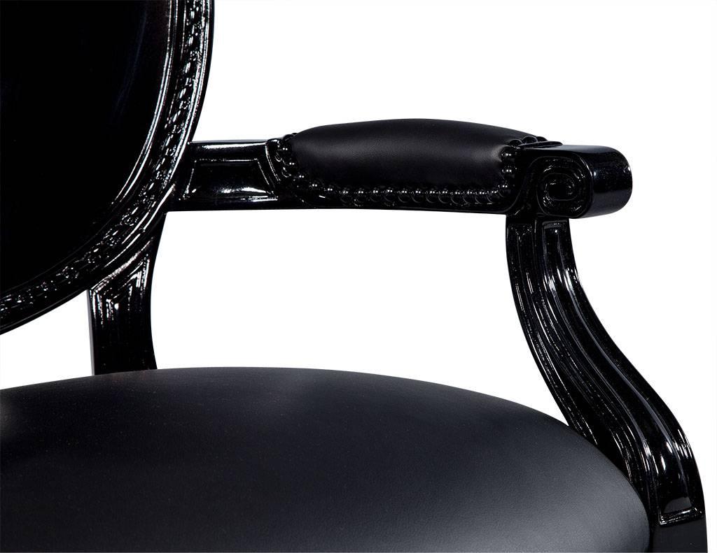 Leather Set of Eight Round Black Lacquered Dining Chairs
