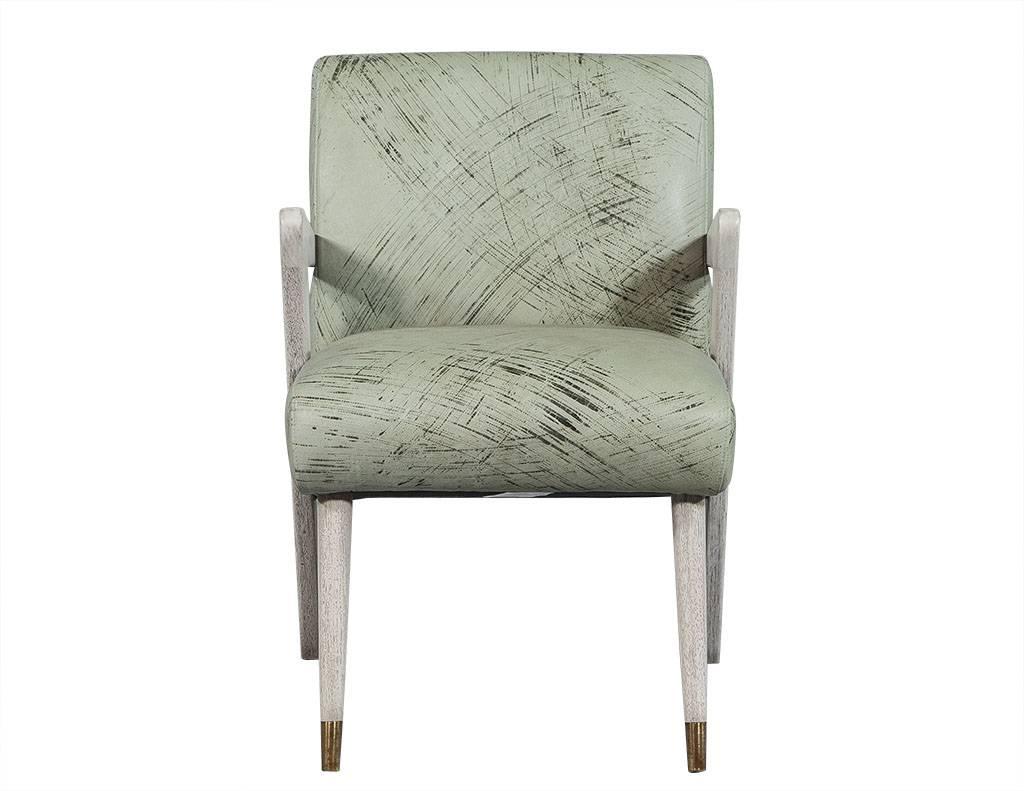 Modern Pair of Boomerang Chairs in Mint Green Patterned Leather