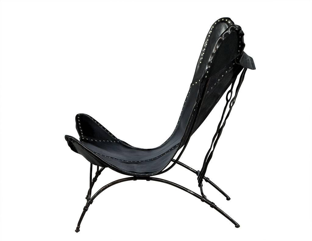 Modern Black Saddle Leather Camp Chair In Excellent Condition In North York, ON