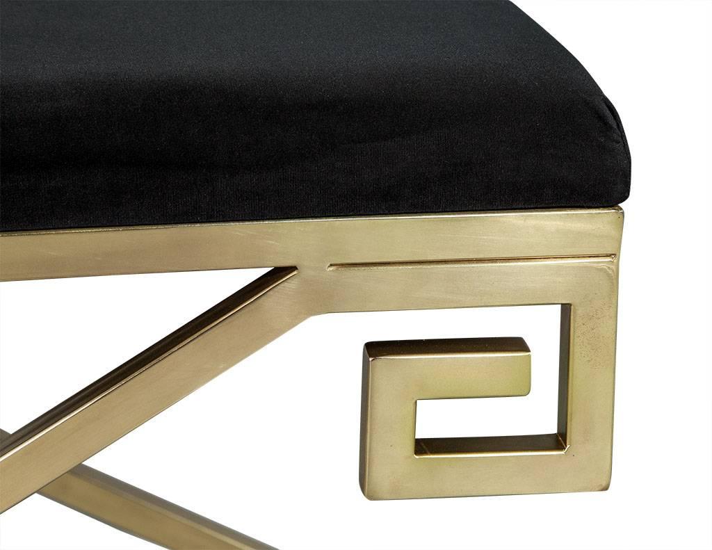 Pair of Black Velvet and Brass Greek Key Framed Stools In Excellent Condition In North York, ON