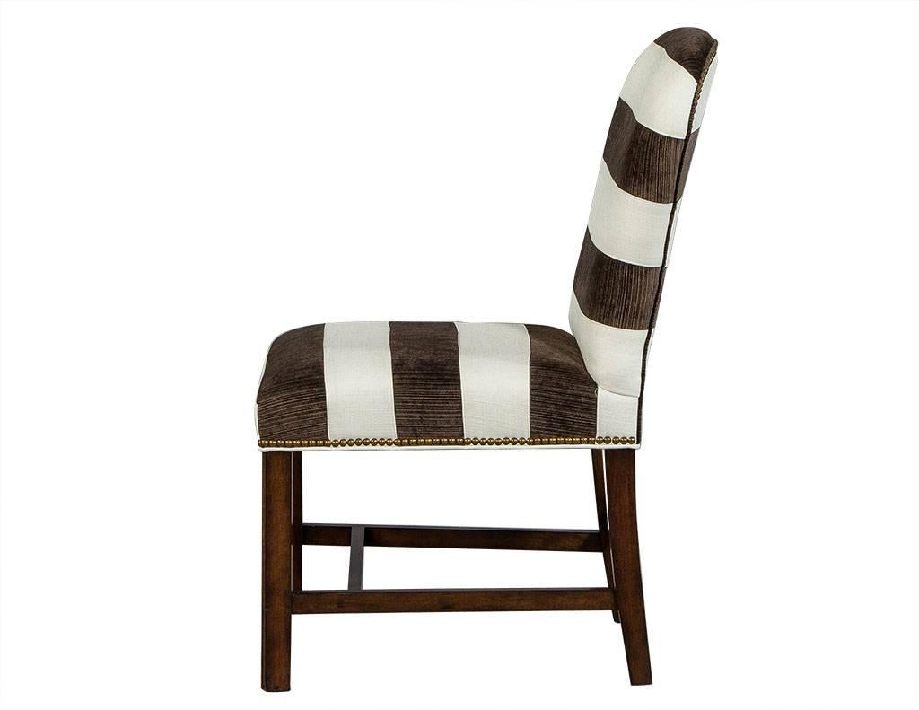 American Pair of Brown and White Stripped Parsons Chairs