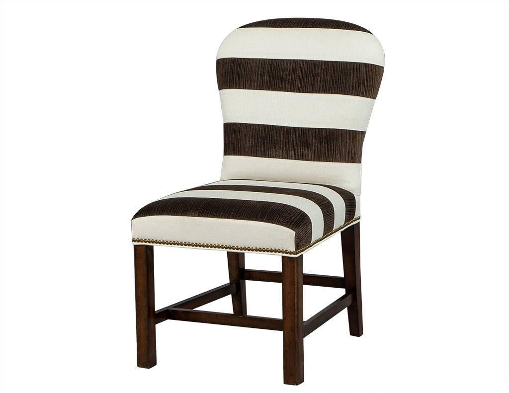 Modern Pair of Brown and White Stripped Parsons Chairs