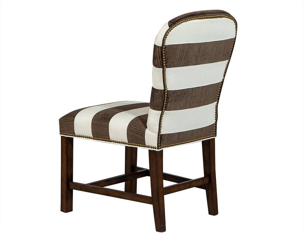 Pair of Brown and White Stripped Parsons Chairs In Excellent Condition In North York, ON