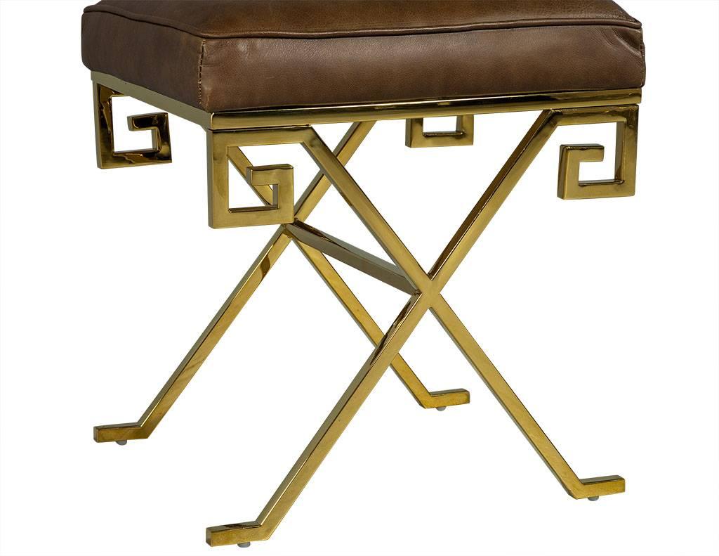 Modern Pair of Compact Cognac Leather and Brass Greek Key Framed Stools
