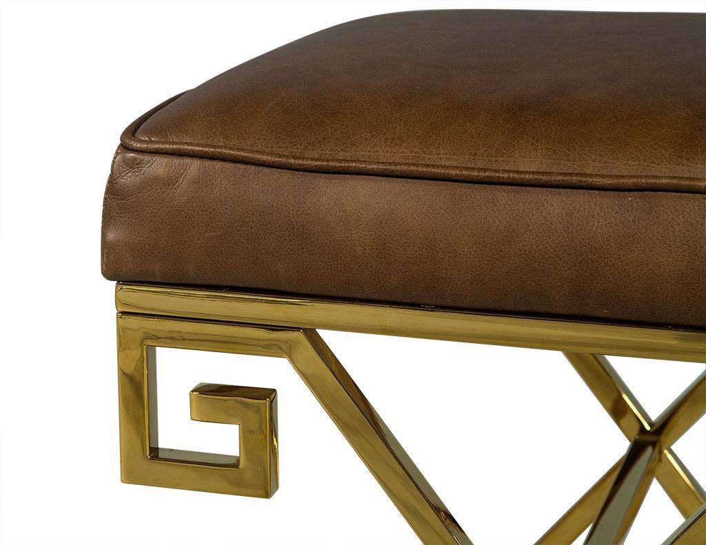 American Pair of Compact Cognac Leather and Brass Greek Key Framed Stools