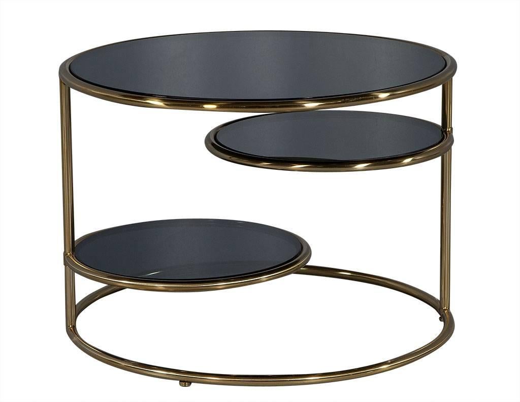 American Modern Smoked Glass and Brass Round Cocktail Table