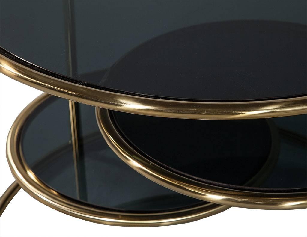 Modern Smoked Glass and Brass Round Cocktail Table 2
