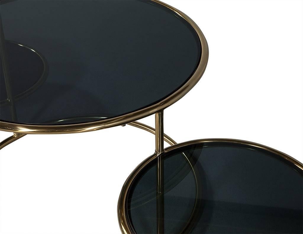 Contemporary Modern Smoked Glass and Brass Round Cocktail Table