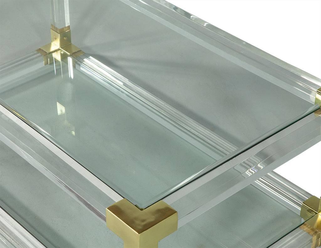 Contemporary Modern Lucite, Brass and Glass Cocktail Table